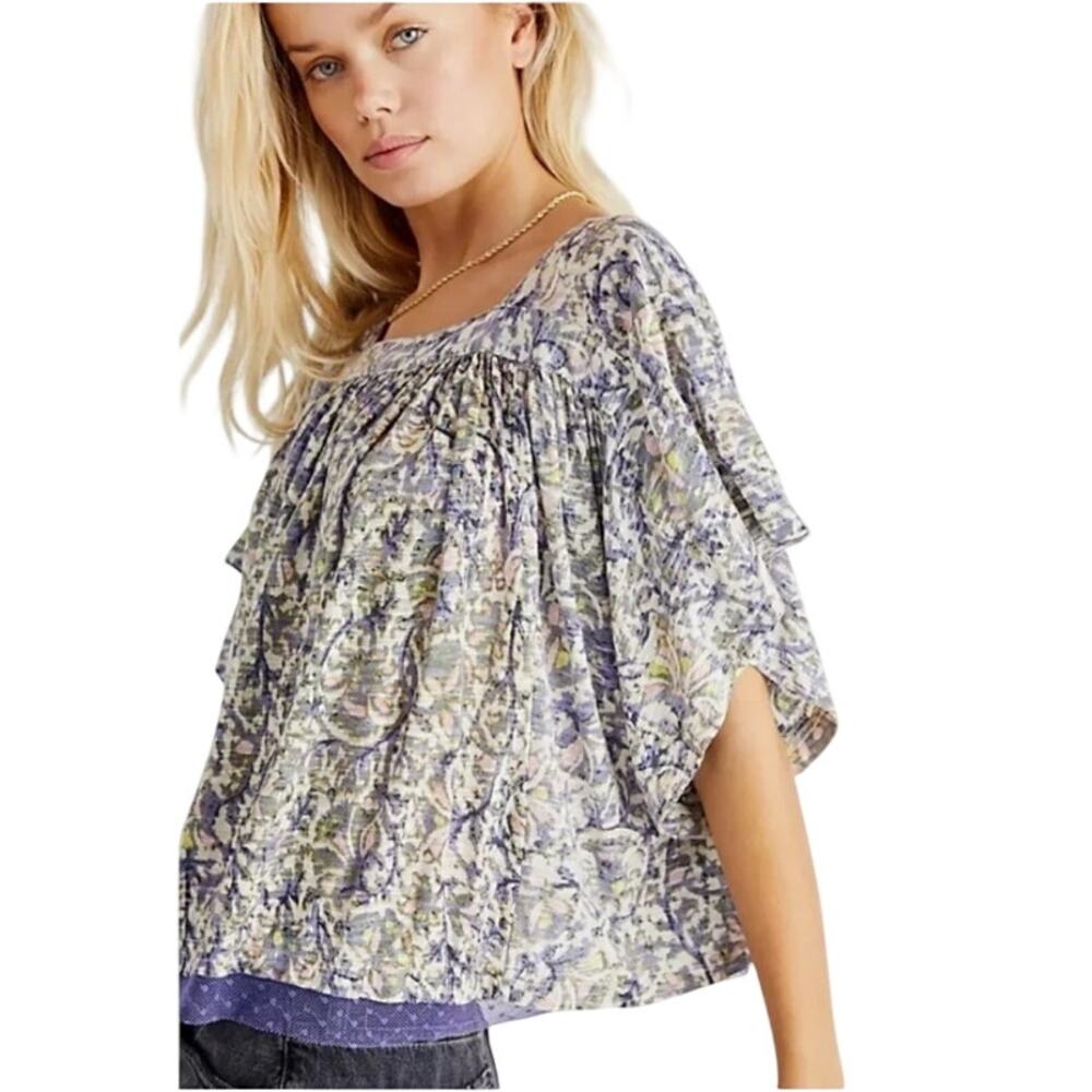 Free People Sunsetter Top Womens Size XS Purple Floral Swing Boho Crop Peasant